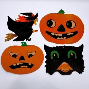 Beistle Black Cat Jack O Lantern Hallmark Witch Halloween 1950s Die Cut Embossed